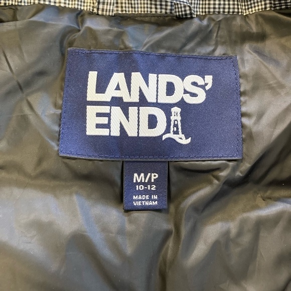 Women’s Lands’ End Black and White Plaid Petite Puffer Vest - Picture 6 of 12